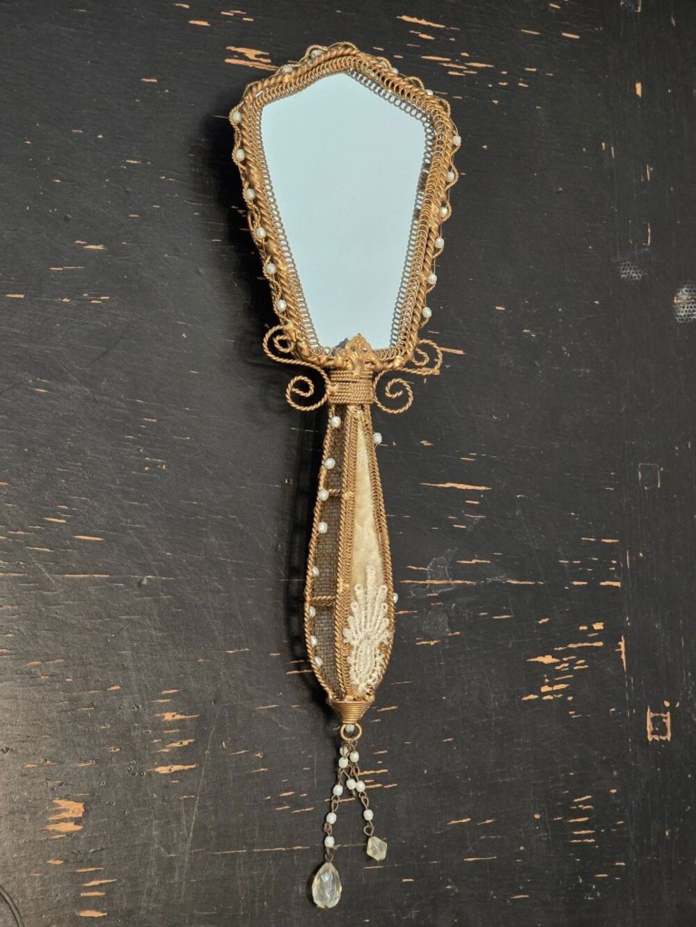 Vintage Ornate Hand Mirror Gold Tone Velvet Roses Faux Pearls Crystal Dangles